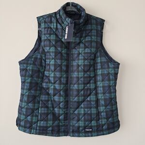 Lands' End Plaid Quilted Puffer Vest Women L Green Blackwatch NWT